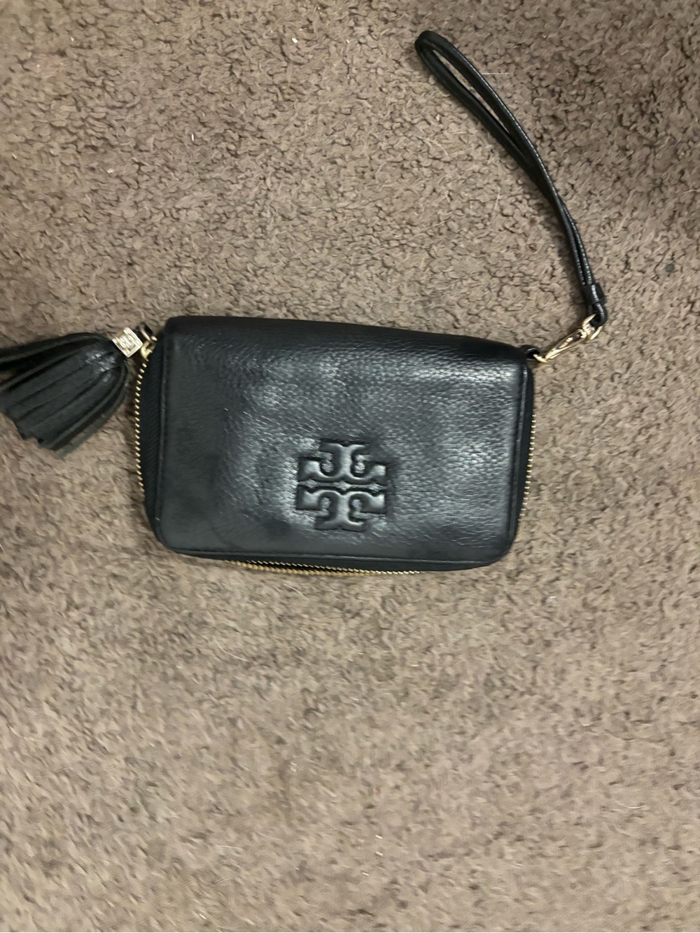 Tory Burch Black Leather Logo Wristlet with Tassel